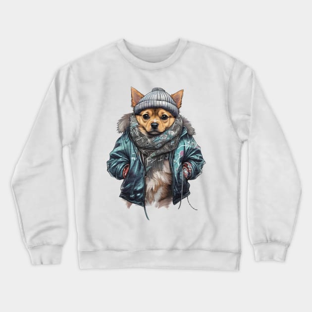 Chihuahua dog wearing a leather jacket and hat Crewneck Sweatshirt by JnS Merch Store